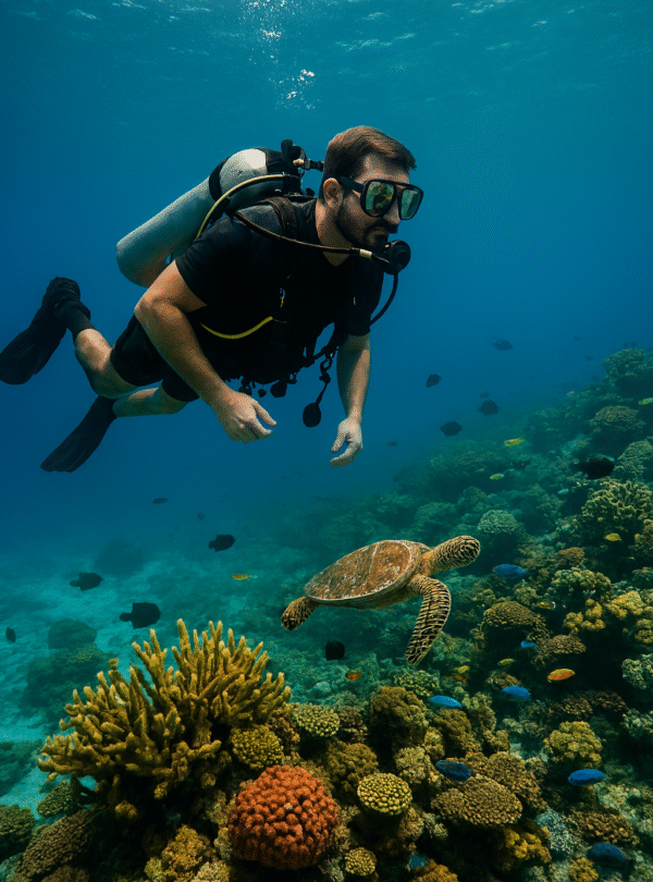 Buzo explorando arrecife de coral con tortuga marina y peces tropicales en aguas cristalinas