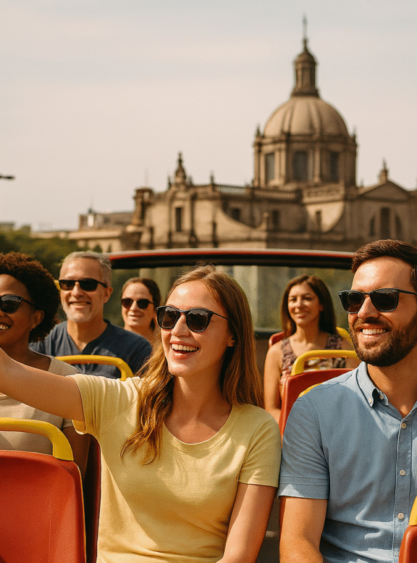 Group of smiling tourists enjoying a sunny day on an open-top tour bus with historic city architecture in the background.