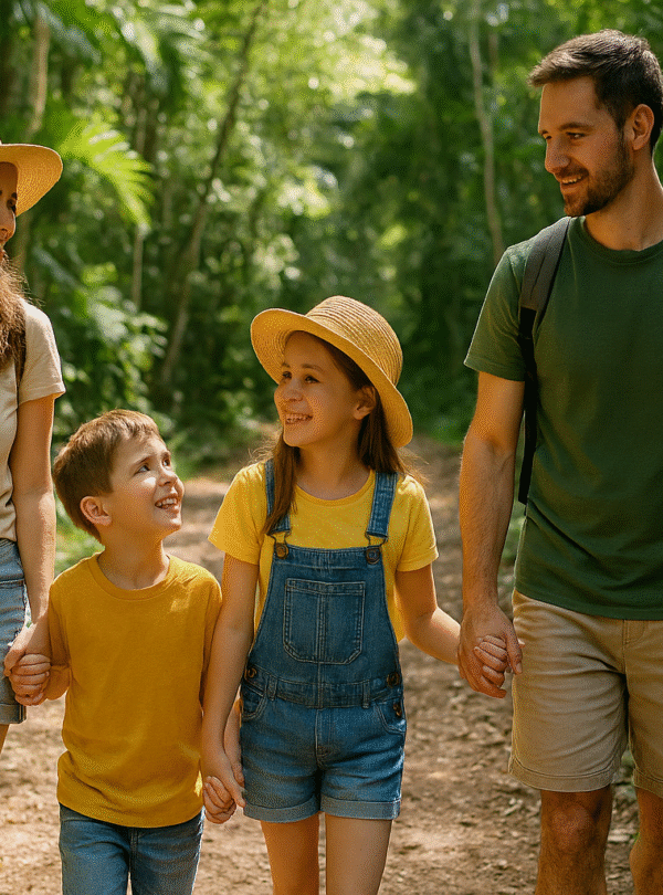 Family walking through tropical forest in Mexico with young children