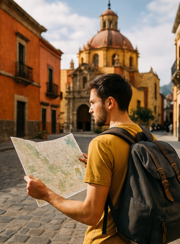 Budget traveler with backpack reading a map on a cobblestone street in front of a colonial church in Mexico