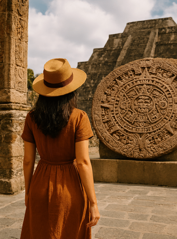 Woman in straw hat admiring Aztec Sun Stone at an archaeological site in Mexico
