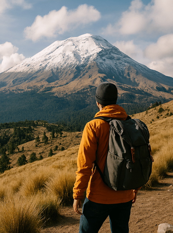 Hiker in orange jacket overlooking a snow-capped volcano from a grassy slope in Mexico