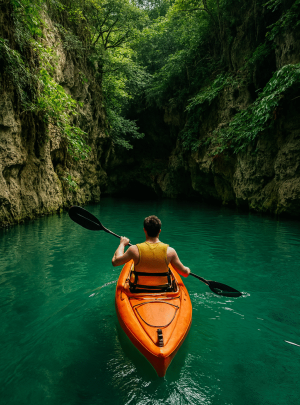 Joven navegando en kayak por las aguas turquesa de un cenote rodeado de vegetación y acantilados.