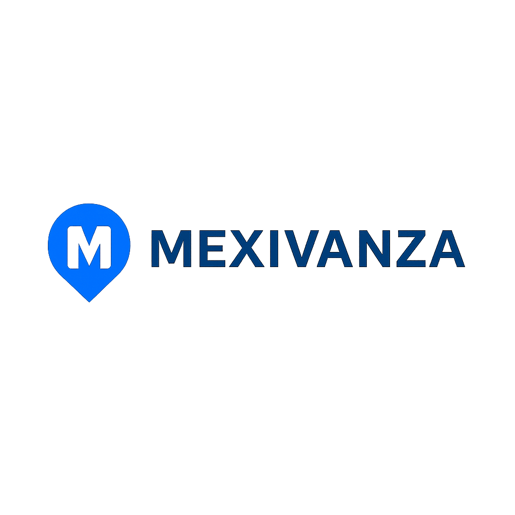 Logotipo de Mexivanza con ícono de ubicación y texto en azul marino
