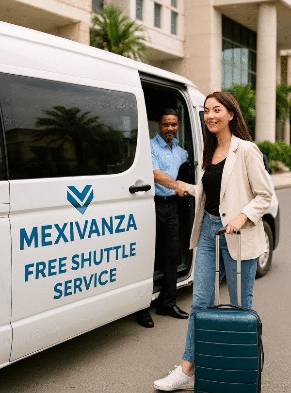 Traveler boarding Mexivanza shuttle van offering free transportation in Mexico