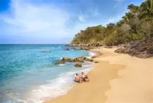 “Palm-lined shoreline at Caleta Beach in Acapulco—calm waters, shaded walkways, and family-friendly swimming in a historic coastal setting.”