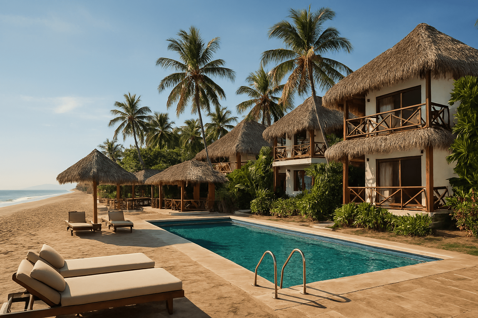 Beachfront cabanas and pool at Hotel BaXar in Pie de la Cuesta, Acapulco, surrounded by palm trees and tropical gardens under a clear blue sky.